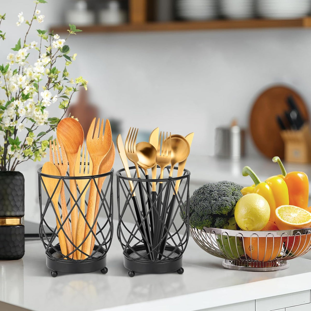 MACEVIA Utensil Holder for Kitchen Counter, Black Metal Organizer with Diatomaceous Earth Base, 4" x 3" x 5.5", Countertop Storage for Spoons,Spatulas and Cooking Utensils,Set of 2