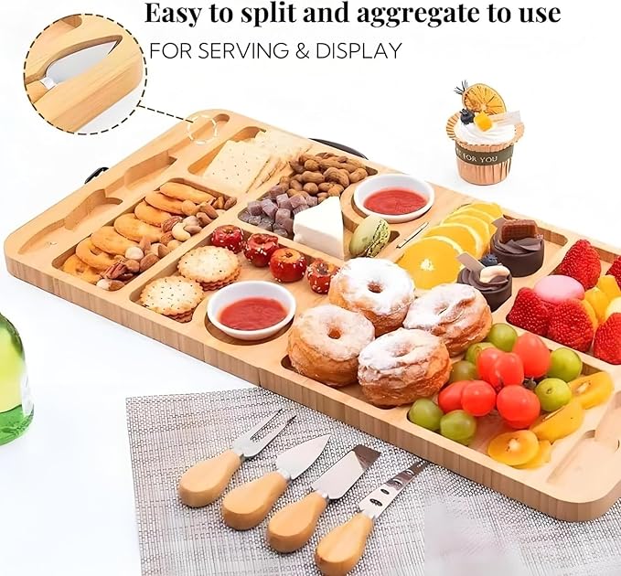OUTMX Bamboo Cheese & Charcuterie Board Set, Large Foldable Cutting Board with Knife, Snack and Fruit Platter for Cheese, Bread, Butter – Perfect Wedding, Bridal Shower & Party Gift