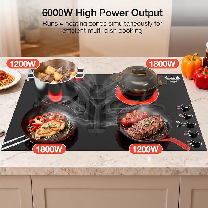 31" Electric Cooktop with Downdraft – 4 Burner 6000W Built-in Electric Stove, BBQ Bridge Burner, Timer, Safety Lock, Recirculating Vent (220V-240V)