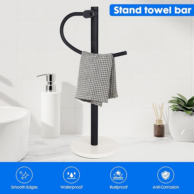 19 inch Matte Black Hand Towel Holder Stand ,Hand Towel Bar Bathroom Vanity Countertop Towel Holder Free Standing,Stainless Steel Towel Ring Hardware Accessories Towel Rack