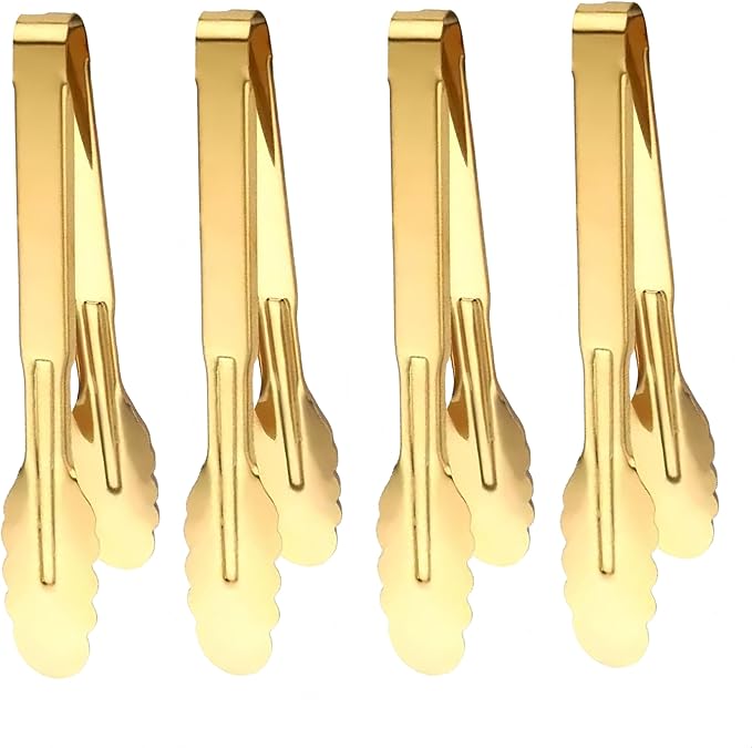 9 Inch Gold Cooking Tongs Set of 4, Stainless Steel Bread Salad Food Tong Serving Utensils for Buffet, Kitchen