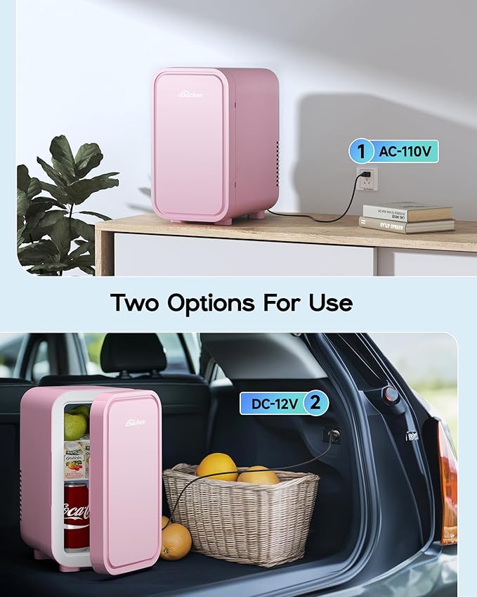BEICHEN Mini Fridge,6 Liter / 8 Can Small Fridge for Bedroom, Car, Office & Dorm, AC100-120 V/DC 12 V Portable Thermoelectric Cooler & Warmer for Skincare, Food, Drinks,Pink