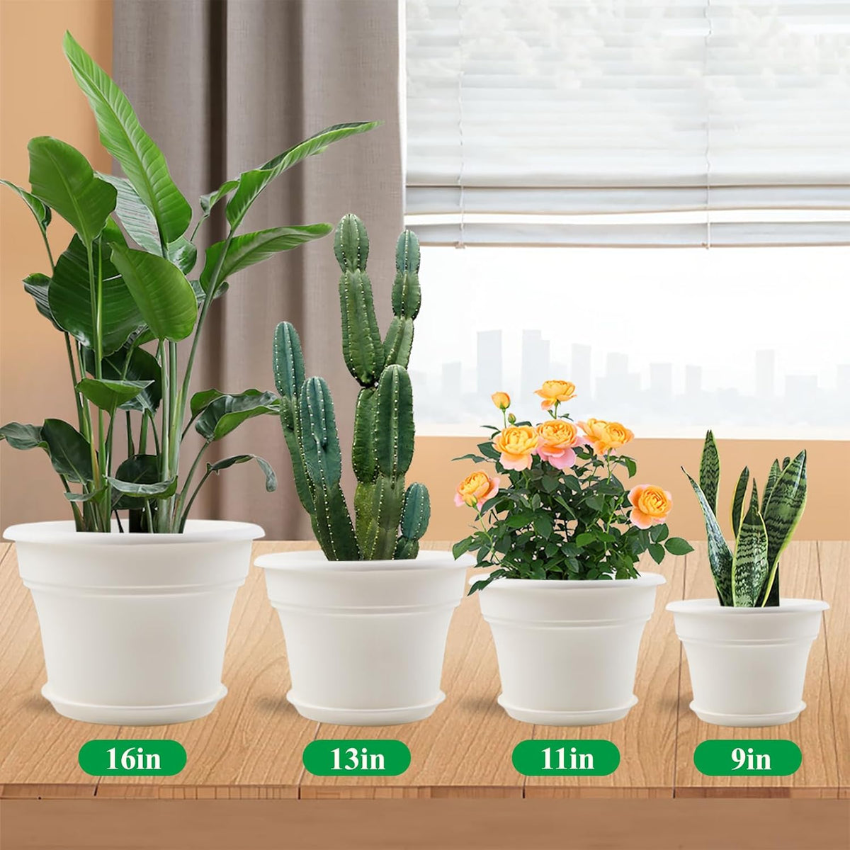 16 inch Plastic-Flower-Pot-for-Indoor-Plants, 4 Pack Large Outdoor Planter Pot with Drainage Holes & Saucers, Resin Decorative Garden Pots Planters