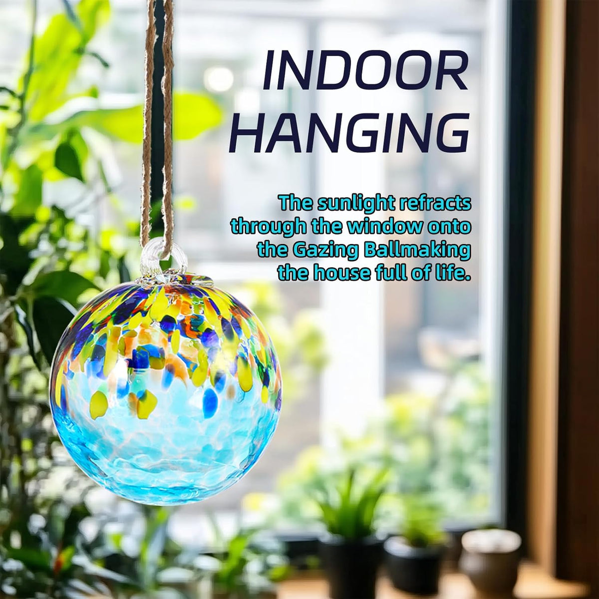 VOREEN 4" Hanging Glass Garden Gazing Ball Hand Blown Glass Witch Ball Christmas Ornament Friendship Balls for Outdoor Garden Patio Window Home Décor, Gift for Mom Wife Friend, Blue Ocean