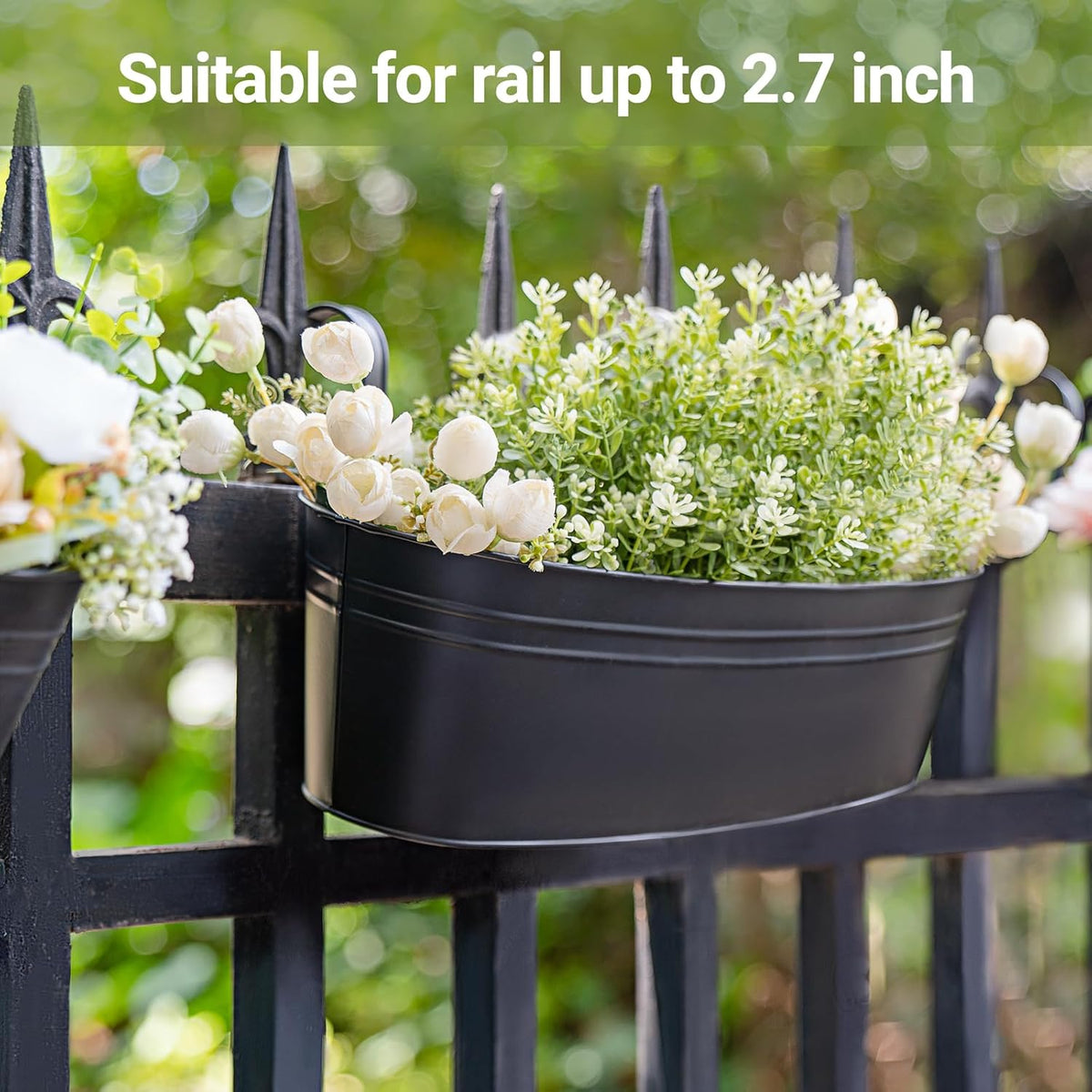 Dahey 5 Pcs Metal Iron Hanging Flower Pots for Railing Fence 15.7 Inch Hanging Bucket Pots Countryside Style Window Flower Plant Holder with Detachable Hooks for Garden Yard Home Decor, Black