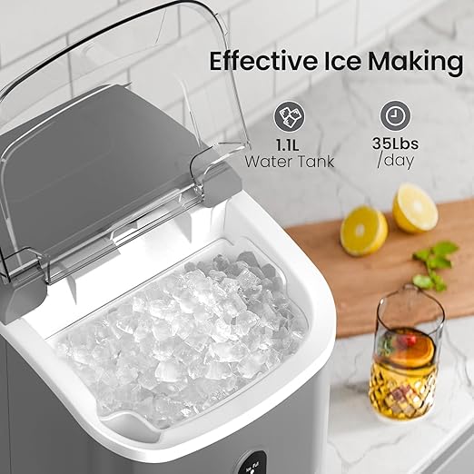 Croze Nugget Ice Maker Countertop with Self-Cleaning Function, Sonic Ice Maker Machine with Handle, 35lbs/Day High Capacity, Compact Design for Home & Office Use (Grey)