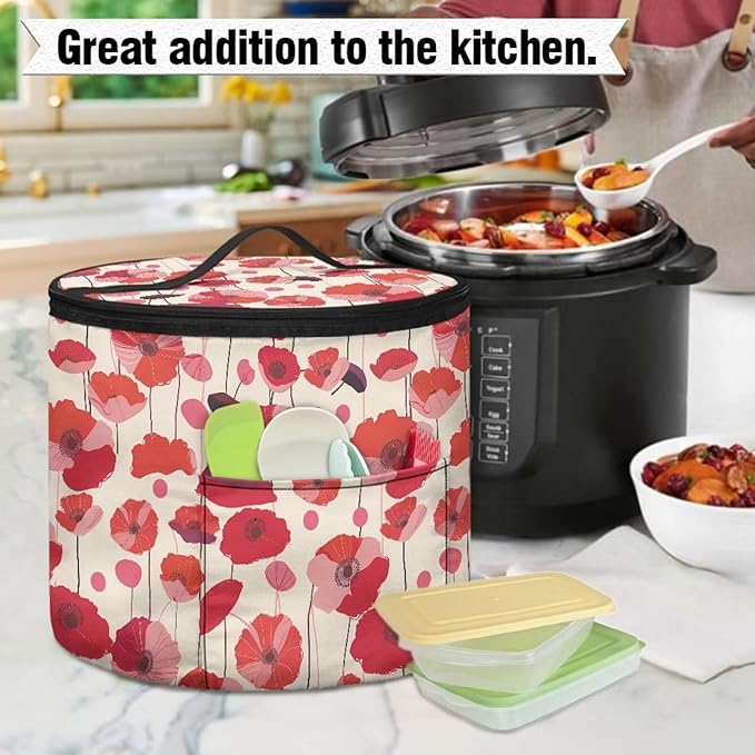 Red Flower Electric Pressure Cooker Insulation Bag Stain Resistant Reusable Electric Pressure Cooker Bag with Top Padding Handle