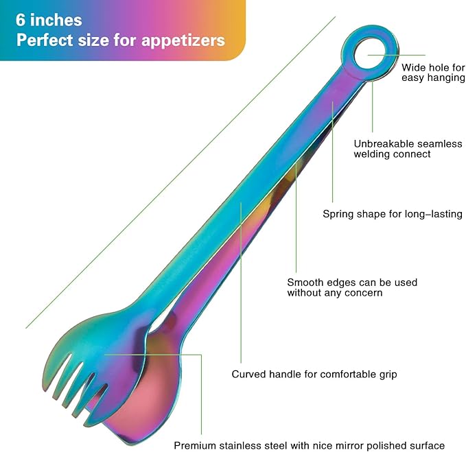 MSY BIGSUNNY Multicolor Small Serving Tongs - 6 Inches Premium Stainless Steel Appetizer Tongs, Set of 4