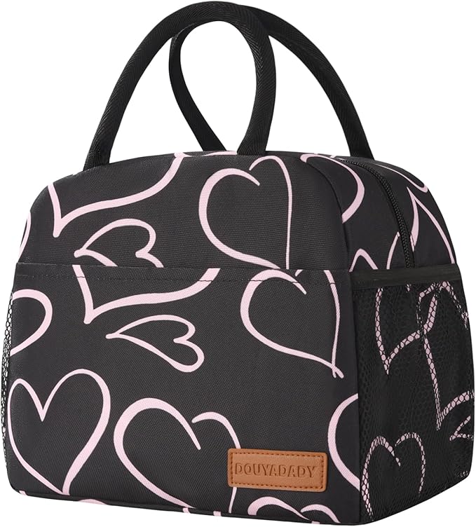 douyadady Lunch Bag Women/Men Lunch Box Women/Men (black+pink heart)