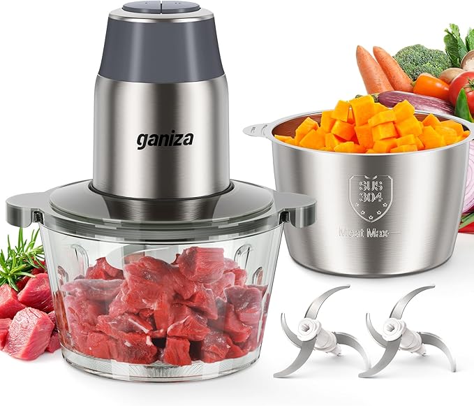 GANIZA Food Processors, Electric Food Chopper with Meat Grinder & Vegetable Chopper - 2 Bowls (8 Cup+8 Cup) with Powerful 450W Copper Motor - Includes 2 Sets of Bi-Level Blades (Grey)