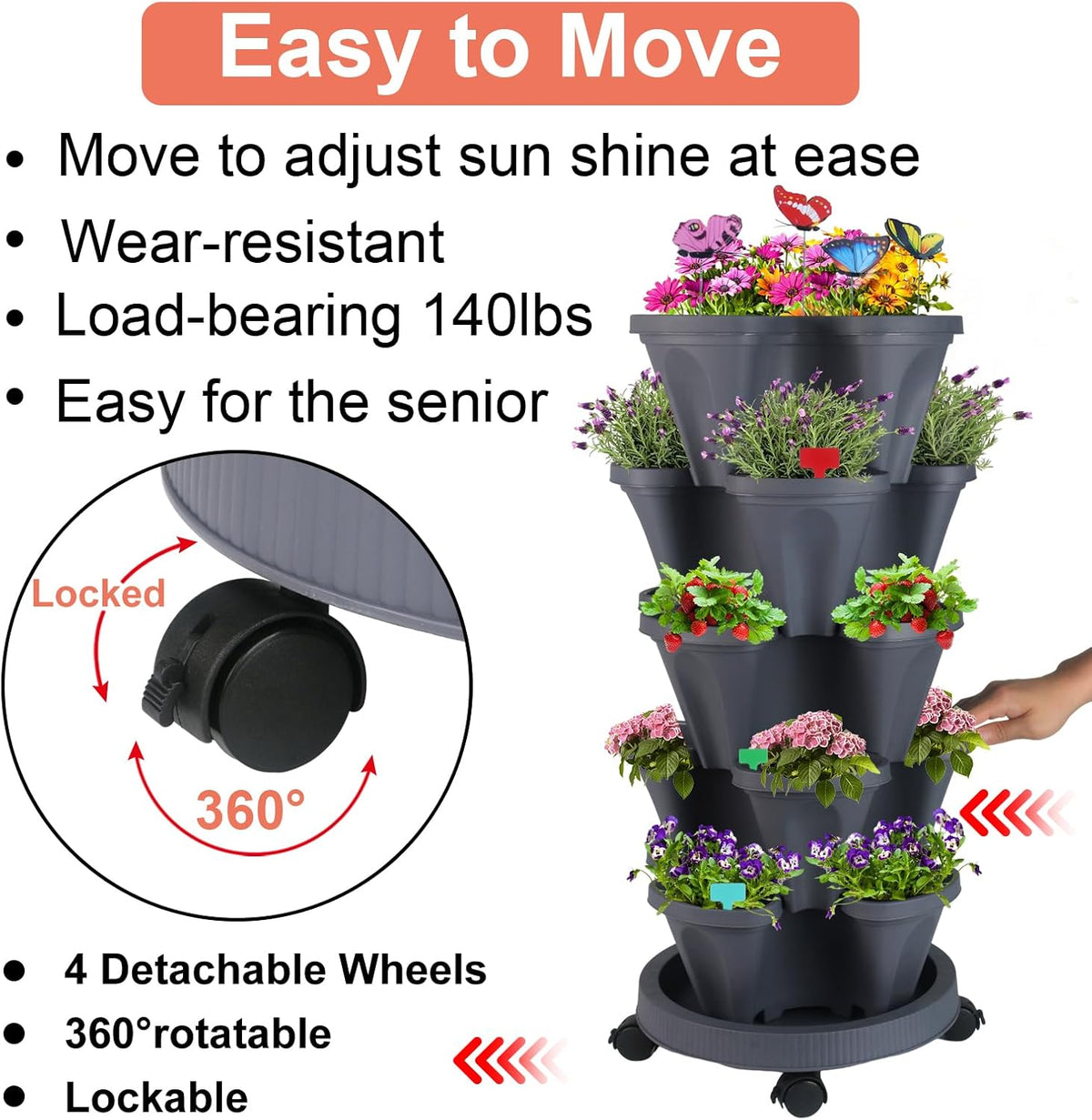DUNCHATY Stackable Planter, Vertical Strawberry Planter with Garen Tool Set, Self Watering Garden Planter Indoor/Outdoor 5 Tier Herb Planter Pots for Growing Vegetables and Succulents, Dark Gray