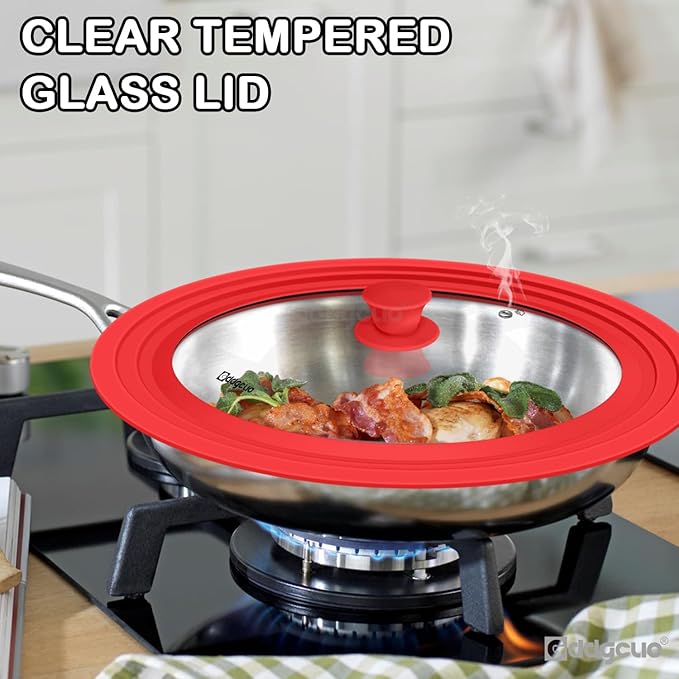 13-14-15 in Universal Pan Lid, Extra Large Silicone Pot Lid for Pots, Pans & Skillets, Replacement Frying Pan Lid with Heat Resistant Silicone Knob, Dishwasher Safe, Red
