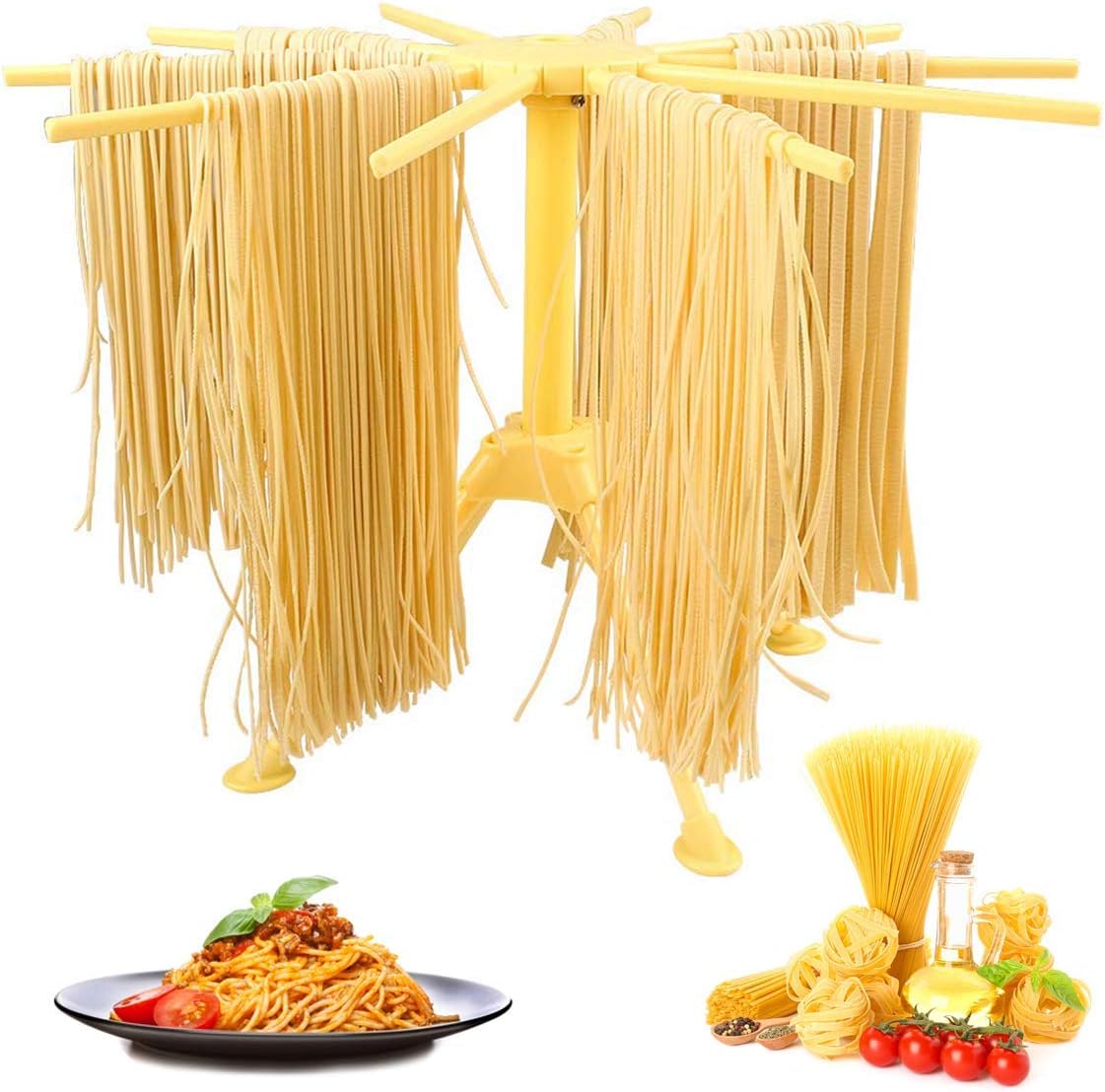 GOZIHA Pasta Drying Rack Noodle Stand with 10 Bar Handles Collapsible | Household Noodle Dryer Rack Hanging for Home Use | Spaghetti Drying Rack Noodle Stand | Easy Storage and Quick Set-Up (Yellow)