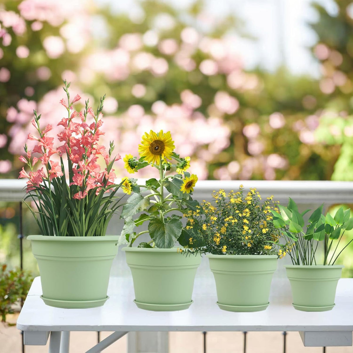 13 Inch Plastic-Flower-Pot-for-Indoor-Plants, 4 Pack Large Outdoor Planter Pot with Drainage Holes & Saucers, Resin Decorative Garden Pots Planters
