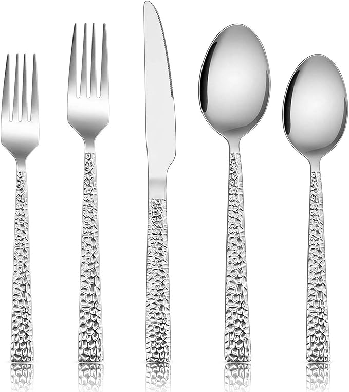 E-far 20-Piece Hammered Silverware Set, Stainless Steel Square Flatware Set Service for 4, Tableware Cutlery Set Includes Forks Spoons Knives, Modern Design & Mirror Finish - Dishwasher Safe