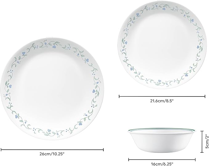 Corelle Dinnerware Set (12pc Set, Country Cottage)-Dinner Set for 4 4 x: Dinner Plates, Side Plates & Bowls 3 X More Durable, Half The Space & Weight of Ceramic up to 80% Recycled Glass, 1146844