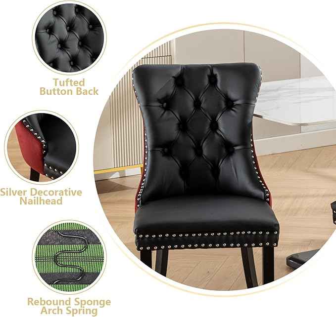 Dining Chairs Set of 6, Upholstered Dining Room Chairs with Back Ring Pull Trim and Solid Wood Legs, Modern Tufted Kitchen Chairs Perfect for Dining Room, Black Pu Leather Splicing WineRed Velvet