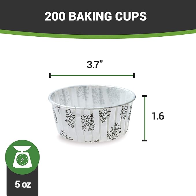 Restaurantware Panificio 5 Ounce Baking Cups 200 Pleated Cupcake Liners - Oven-Ready Freezable Black And White Paper Muffin Cases Disposable Vintage Floral For Wedding Parties Baby Showers