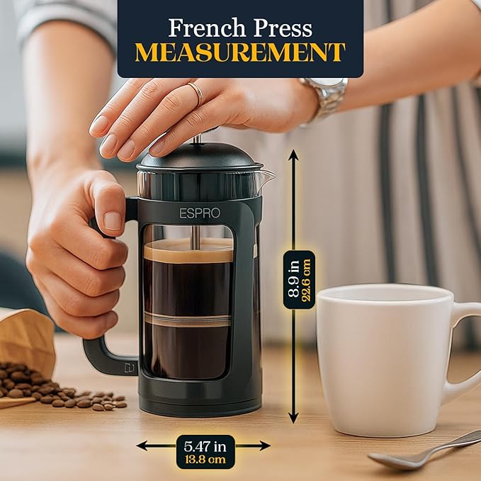 ESPRO Light P3 French Press Coffee Maker – Patented Double Micro-Filter for Grit-Free Brew, Heat Resistant thicker Borosilicate Glass Coffee press – (Black 17 oz)