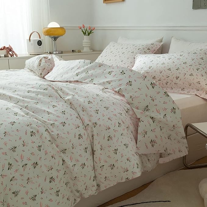 Pink Floral Comforter Set King Size Vintage Boho Floral Bedding Comforter Garden Style Aesthetic Flowers Comforter Set Fluffy Soft Cottagecore Bedding Farmhouse Botanical Comforter with 2 Pillowcases