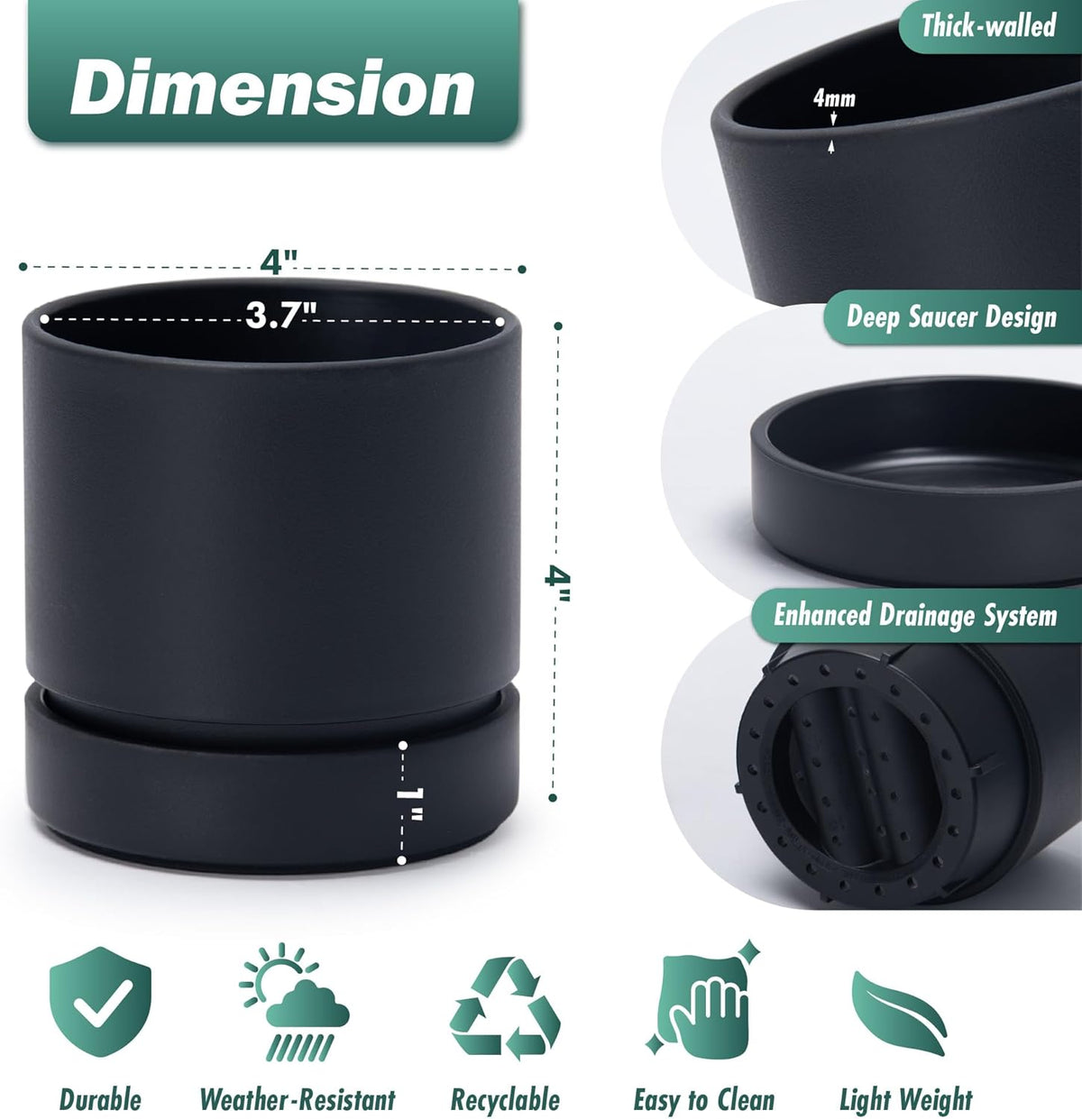 Phoenix Vine 4 Inch Planter Pot with Drainage Hole & Saucer, Deep Water Catch Tray, Straight Cylindrical Round Pot for Plants, Matte Black, Pack of 1, 23-C-R-1