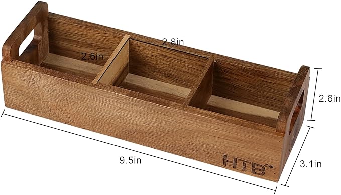 HTB Small Wooden Tea Bag Box 2PCS, 3 Compartments Acacia Wood Tea Bag Chest with Handle, Mini Countertop Divided Storage Container for Beverage Supplies, Sugar, Sweeteners, Individual Packets