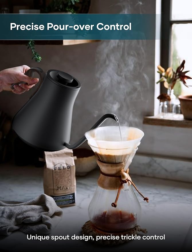 INTASTING Electric Kettle, Gooseneck Electric Kettle, ±1℉ Precise Temperature Control, Stainless Steel Interior, Quick Heating for Pour Over Coffee, Tea & Boiling Water, 0.9L (Onyx Black)