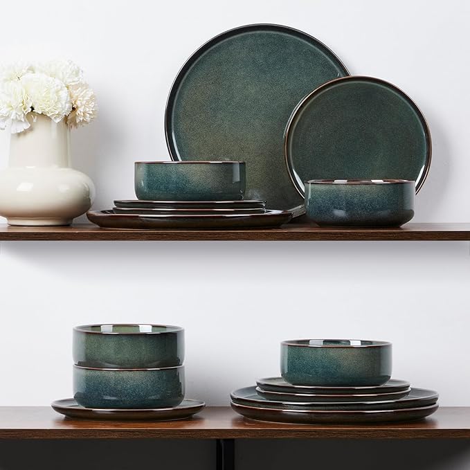 E-far Dinnerware Sets for 6, 18-Piece Stoneware Plates and Bowls Set, Ceramic Dishes Reactive Glaze Dinning Ware, Microwave & Dishwasher Safe - Obsidian Green