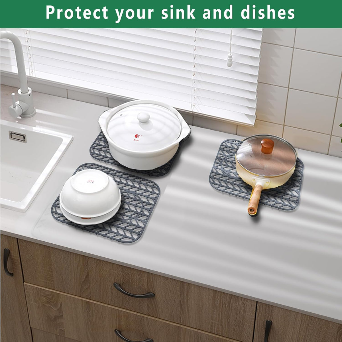 GUUKIN Sink Protectors for Kitchen sink, 13 5/8" x 11 5/8" Folding Non-slip Silicone Sink Mat Grid for Bottom of Farmhouse Stainless Steel Porcelain with 3 Reserved Holes Pack of 2