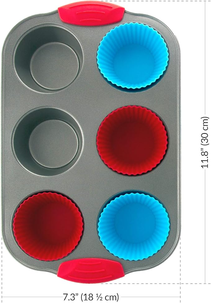 Duo: Non-Stick Steel 6-Cup Muffin Pan with Silicone Handles & Reusable Liners + Premium 11x14 Inch Non-Stick Baking & Cookie Sheet Pan.