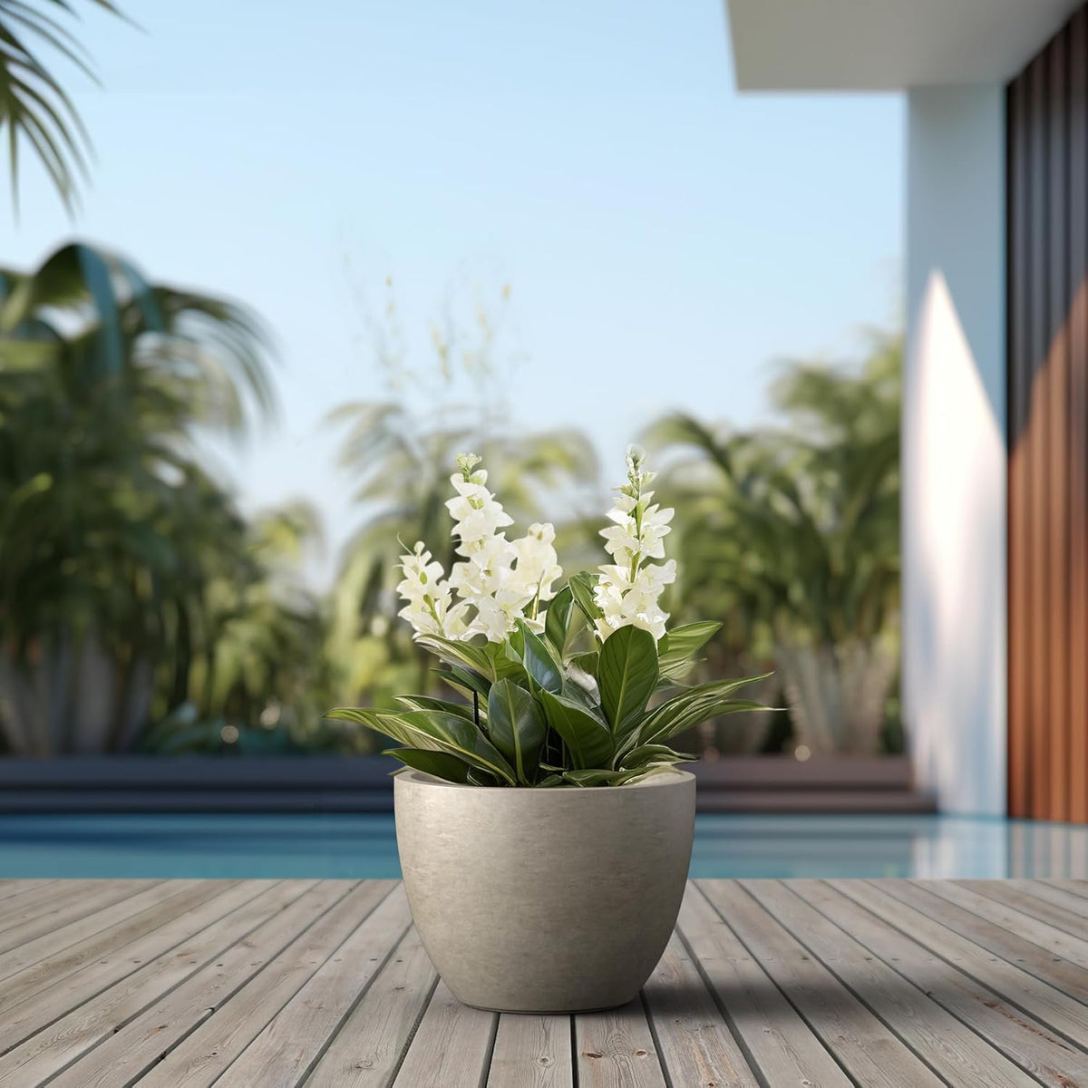 Kante 14.2 Inch Round Concrete Planter - Classic Large Indoor/Outdoor Plant Pot with Drainage Hole and Rubber Plug, Suitable for Gardens and Patios, Weathered Concrete