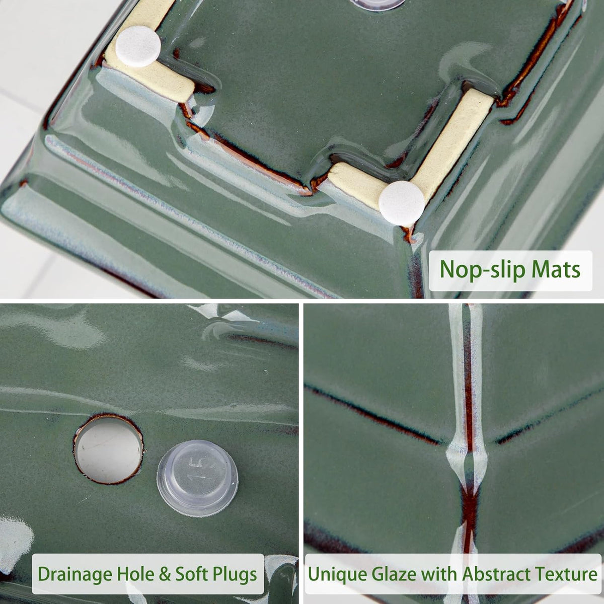 Ceramic Bonsai Pots with Drainage Hole Set of 2, Green Glazed Bonsai Planters for Indoor/Outdoor Use, Rectangular Shallow Bonzai Tree Pot for Succulent, Orchids, Cacti, Home, Patio, Garden, 8.7"x5.9"