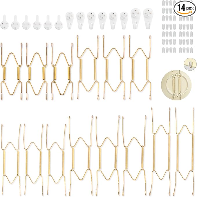 Bilillo 14 pcs Plate Hangers for The Wall, 4/6/8/10/12 Inch Invisible Plates Hangers, Stainless Steel Plate Wall Holders for Display Various Sizes with Hooks for Decorative