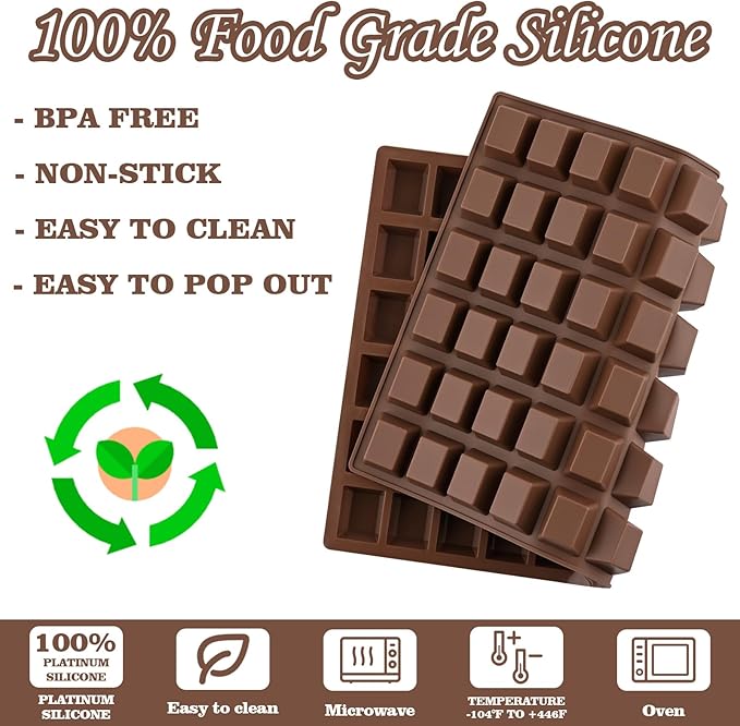Sakolla 2 Pack Square Chocolate Molds, 72 Cavities Terrace Silicone Molds for Chocolate, Candy, Gummy, Jelly, Ganache, Ice Cubes (Brown)