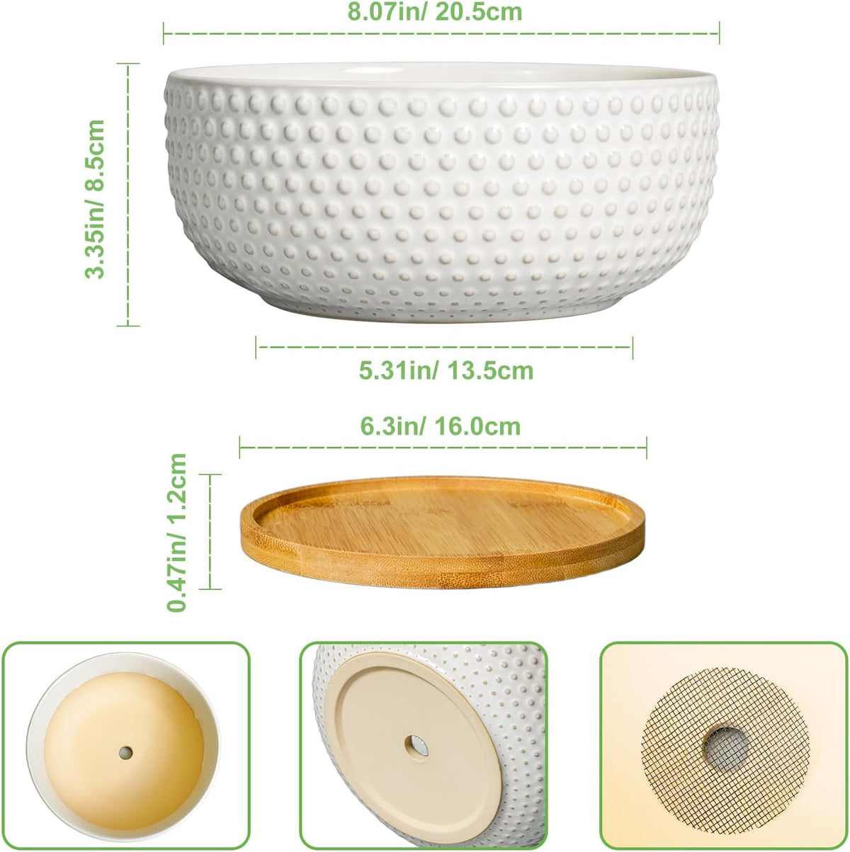 Succulent Pots 8 Inch - Ceramic Bonsai Planters for Indoor Plants, Plant Pot with Drainage Hole and Saucer, Shallow Round Flower Planter, Modern Room Decor, Gifts for Plant Lover, White