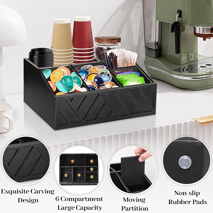 ugiftt Coffee Station Organizer for Counter, Wood Coffee Pods Holder Storage Basket, Tea Condiment Storage Organizer, Rustic Bar Decor for Accessories Organizer