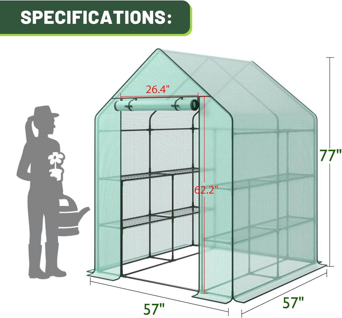 Nova Microdermabrasion Walk-in Greenhouse for Outdoors, 57 x 57 x 77 inch, Portable PE Cover Greenhouse with Anchors and Ropes Indoor Outdoor-3 Tier 8 Wired Shelves Plant Gardening Hot House