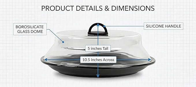 10.5 Inch Glass Microwave Splatter Cover for Food - Borosilicate Plate Lid with Cool-Touch Silicone Handle - Prevents Splatter, Retains Moisture, Dishwasher Safe (Fits 11" Plates) Dishwasher Safe
