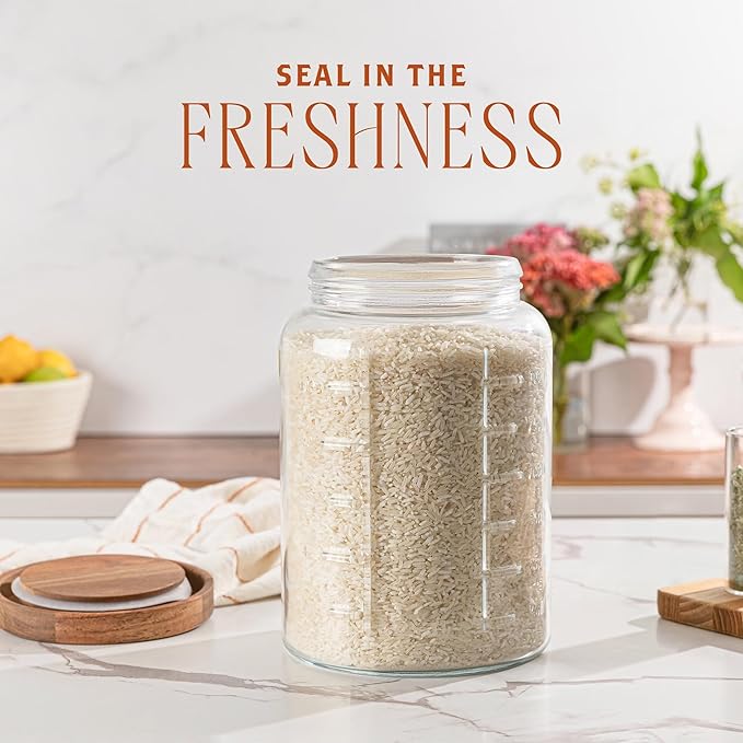 kitchentoolz Extra Large Mason Jar - 1 Gallon Glass Wide Mouth Jar with Airtight Wooden Lid, Food Storage Container with Measurement Markings For Kitchen Pantry, Pickling, Cookies, Flour & Sugar