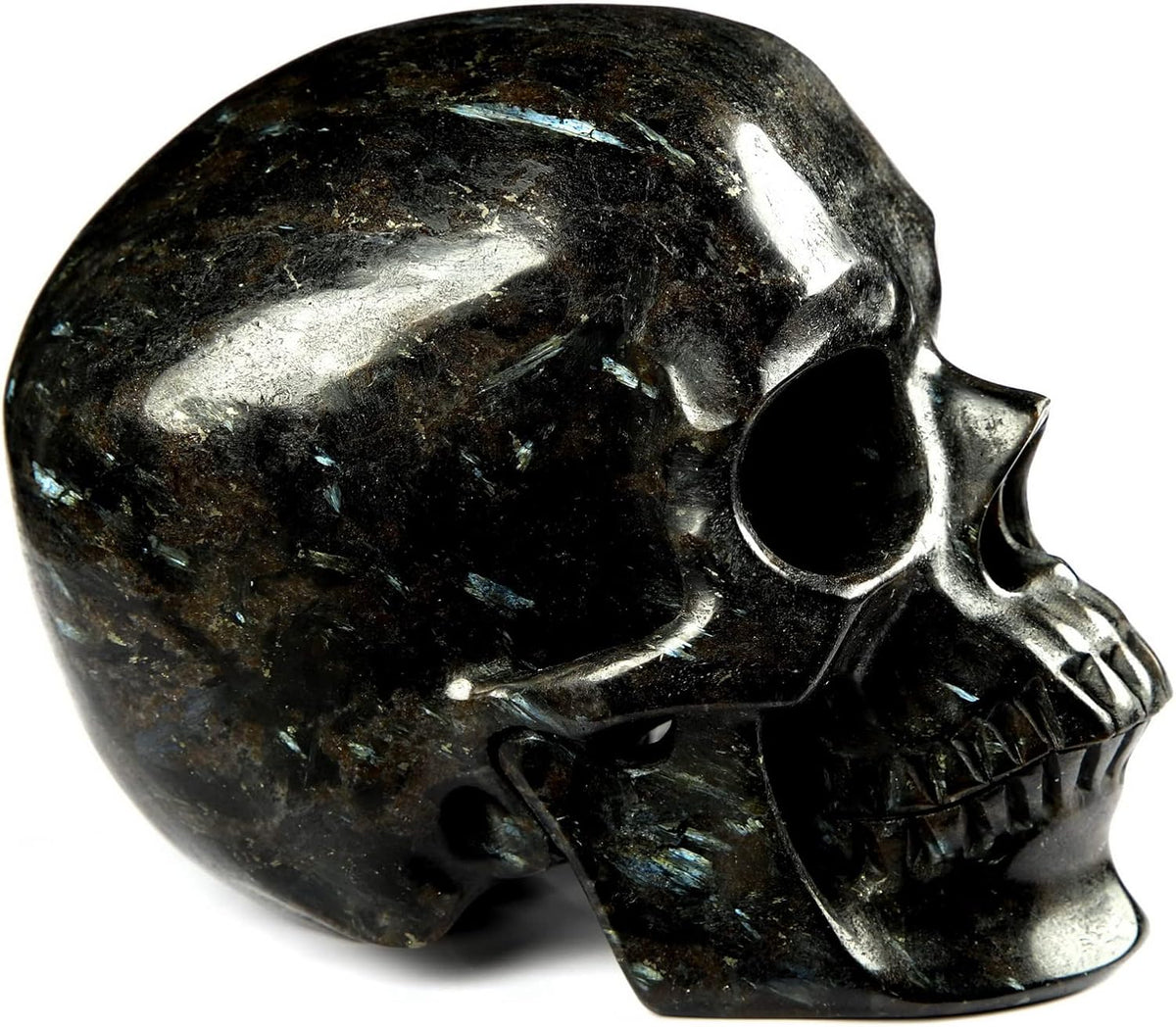 Skullis 5.0" Russian Arfvedsonite Hand Carved Crystal Skull, Super Realistic, Crystal Healing, Hand Carved Gemstone Fine Art Sculpture, Reiki Healing Stone Statue. z8