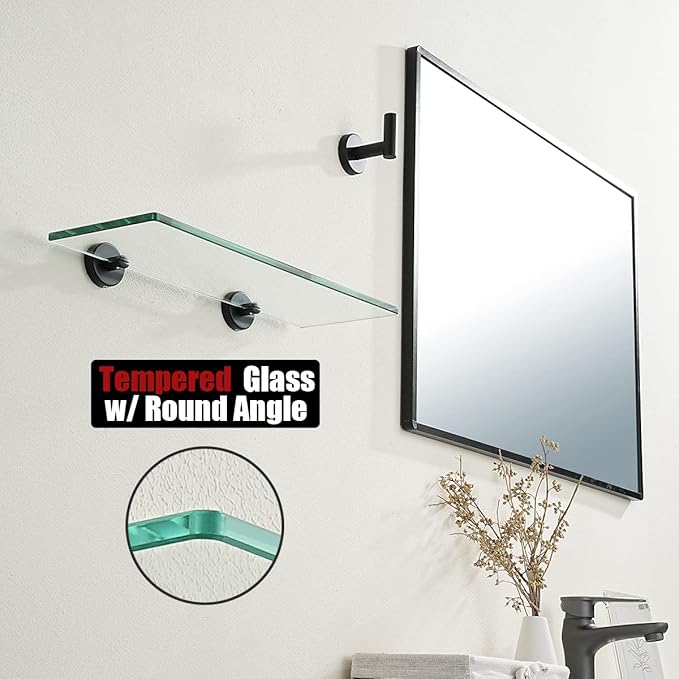 JQK Bathroom Glass Shelf Black, Tempered Glass Shower Storage 16 by 5 inches, 304 Stainless Steel Matte Black Wall Mount 2 Pack, TGS101L16-PB-P2