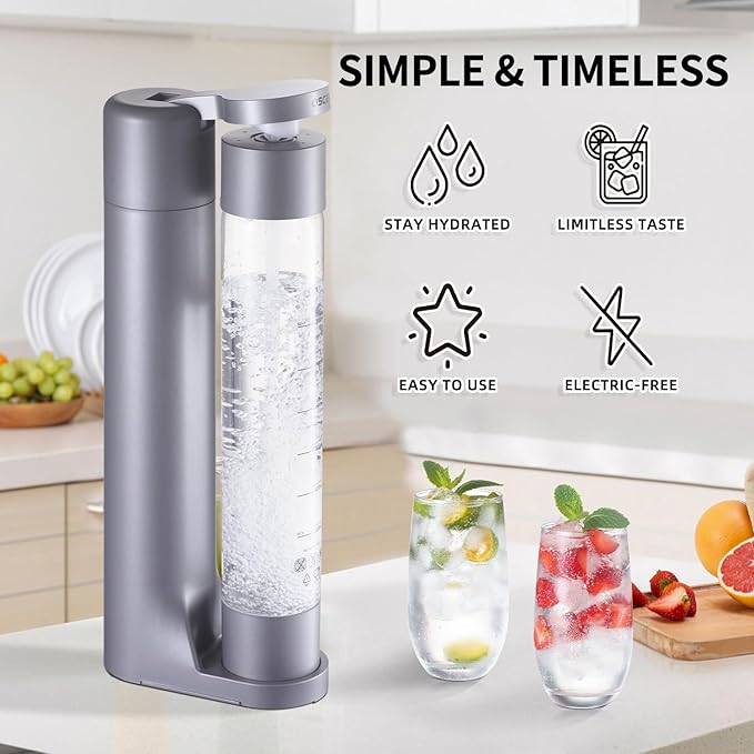 Sparkling Water Machine Soda Maker Beverage Drink Dispenser for Home, Soda Streaming with 1L BPA Free Bottle, 2 Portable Bottle for travel, Seltzer & Carbonator Srew-in 60L CO2 (NOT Included), Grey