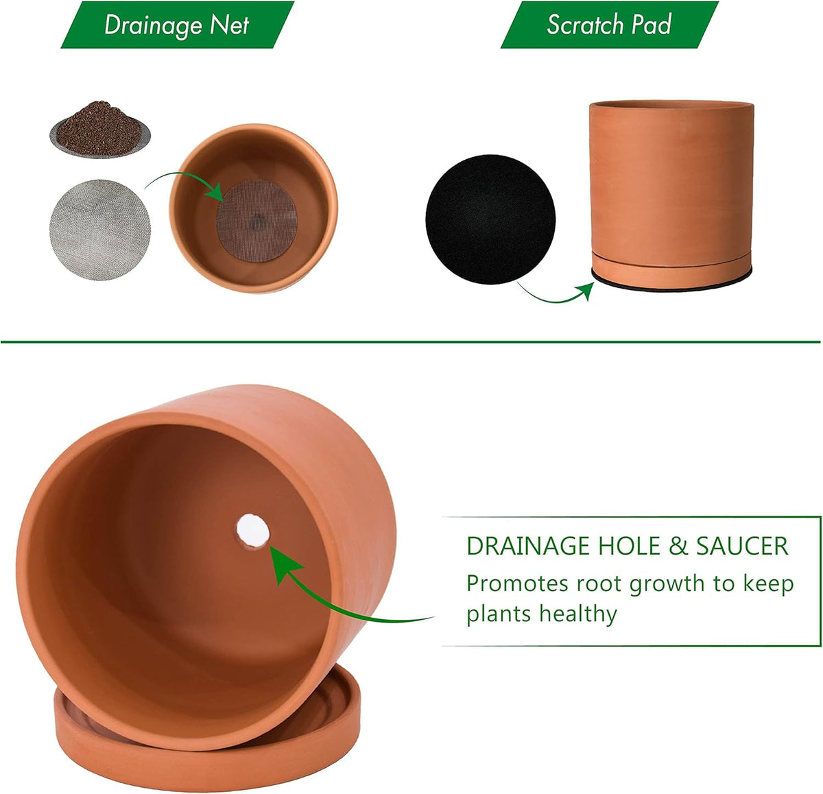 D'vine Dev X-Small 4 Inch Terracotta Plant Pot with Drainage Hole and Saucer, Round Cylinder Planter Pot for Indoor Plants, Set of 2, 40-X-B-1