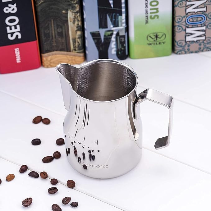 Easyworkz Espresso Steaming Pitcher Stainless Steel 15 oz Latte Art Cup, Bundled with Easyworkz Retro Stainless Steel Coffee Spoon With Black Walnut Handle,10g - Measuring Spoon (Brushed gold)
