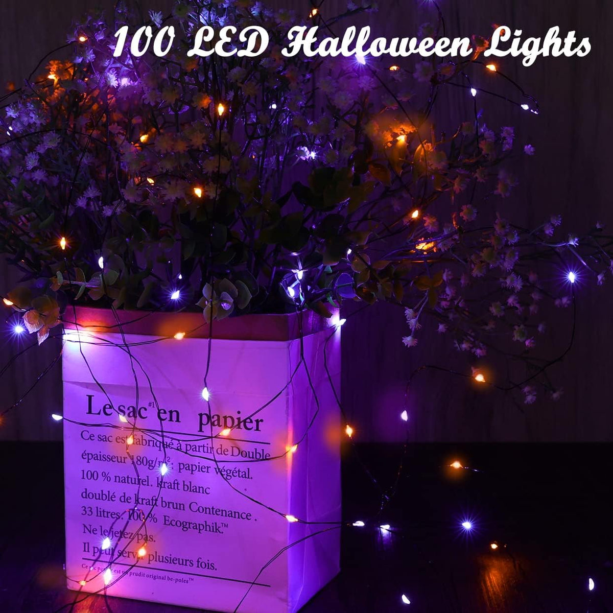 Lomotech 2 Pack Solar Lights, 33ft 100LED Orange Purple Twinkle Fairy Lights Waterproof 8 Modes Outdoor for Halloween Party DIY Decoration Black Wire
