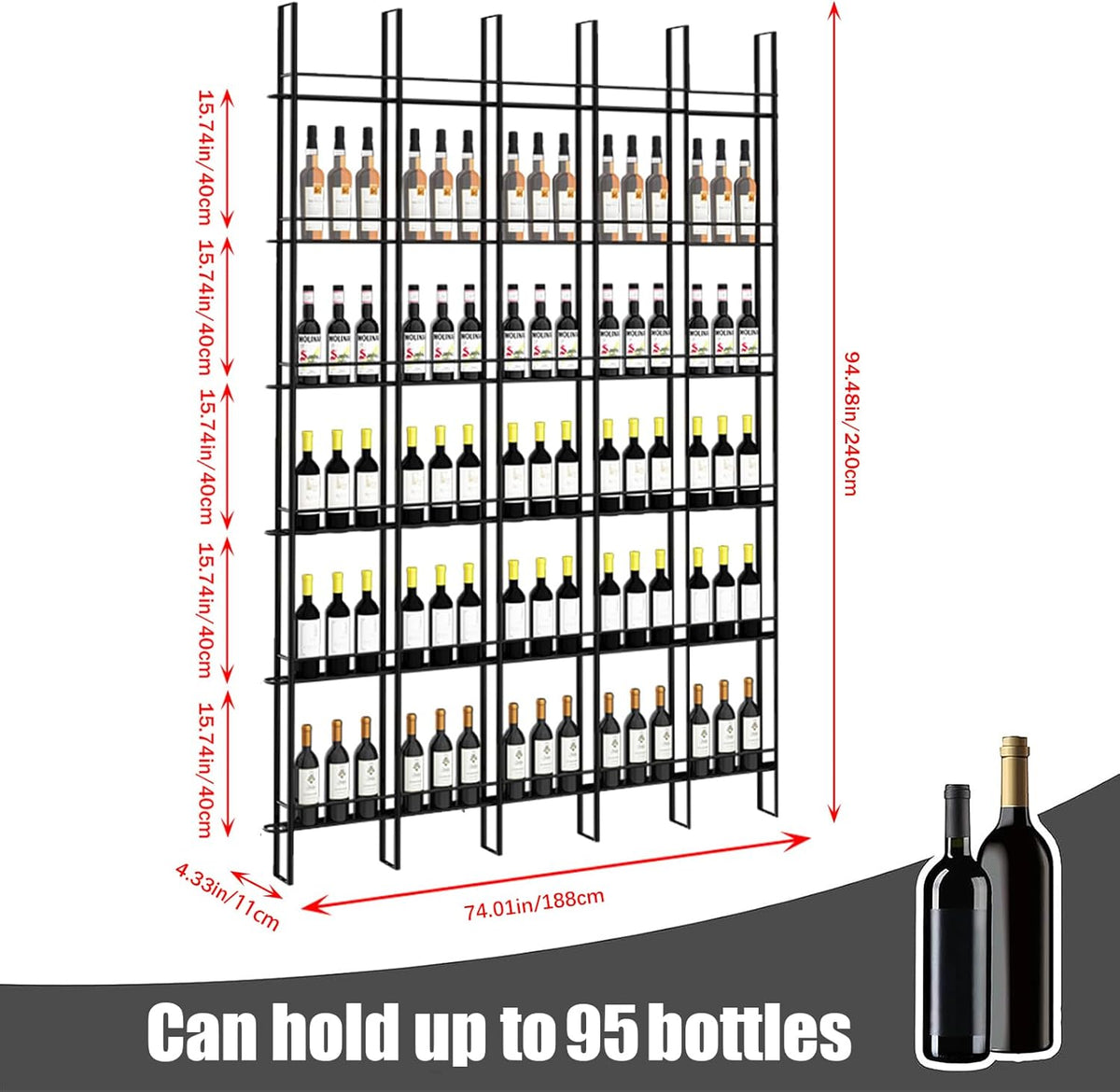 Wine Racks Wall Mounted, 6-Tier Wine Storage Holder, Black Industrial Bar Liquor Bottle Display Shelf, for Home Bar, Kitchen, Dining Rooms, & Wine Cellars (Black, 5 Column)