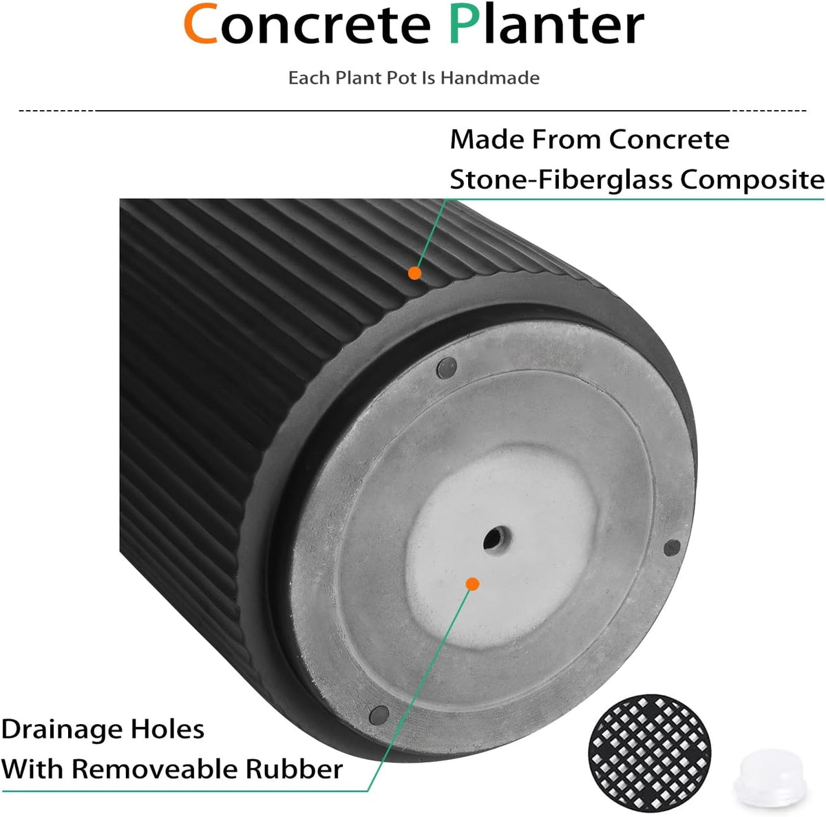 Round Concrete Planter Outdoor Indoor, Large Cement Plant Pots for Flowers (Vertical Black, 16 inch)