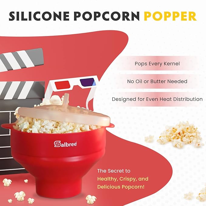 The Original Salbree Collapsible Silicone Microwave Popcorn Popper Maker Machine, Microwavable Bowl Holds 16 Cups, Uses Hot Air and Oil Always Optional - The Most Colors Available (Clear Turquoise)