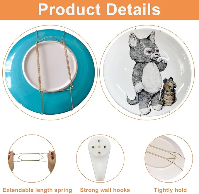 Plate Hangers for The Wall - Stainless Steel Invisible Heavy Duty Wire Plate Holder for 11-12 Inch Decorative Plates, Art Plates & Ceramic Plates with Wall Hooks