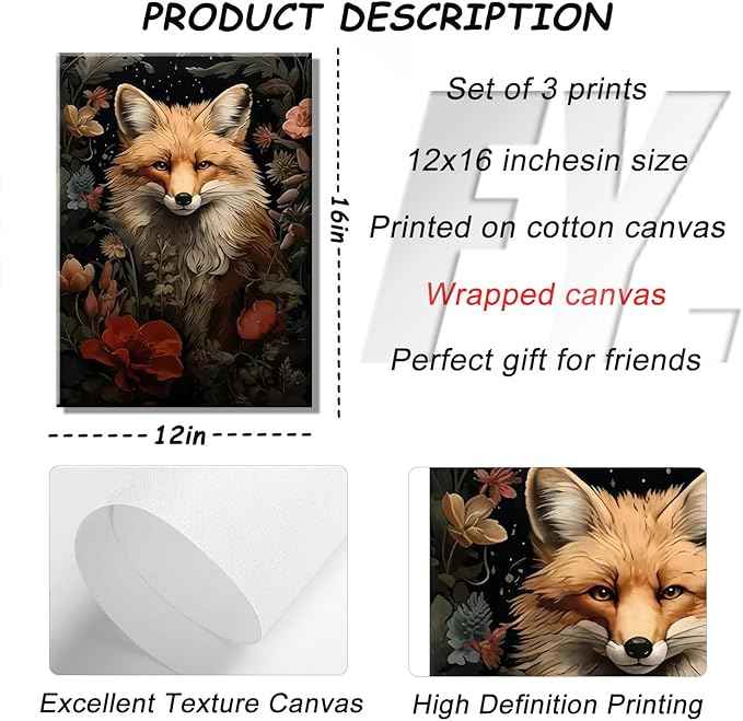 Magical Forest Animal Canvas Wall Art Flowers And Wild Animals Prints Wall Decor Dark Cottagecore Posters Gothic Vintage Botanical Floral Painting Picture Nature Room Decor Bedroom Decoration Framed